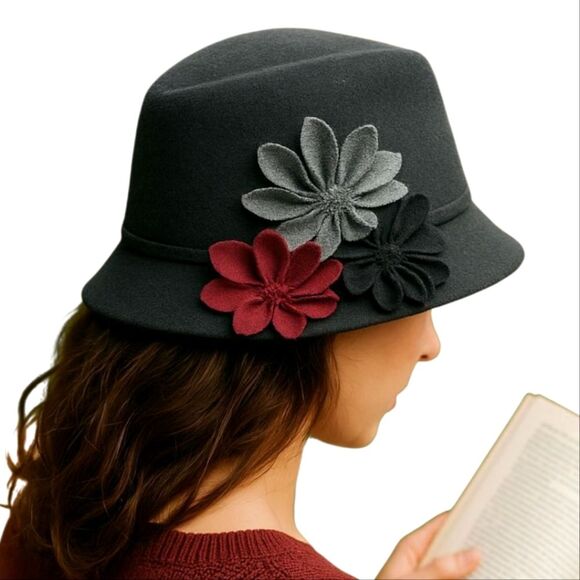 Flirty Women's Black Cloche Hat 100% Wool with Colorful Floral Fabric Accents - Picture 1 of 7